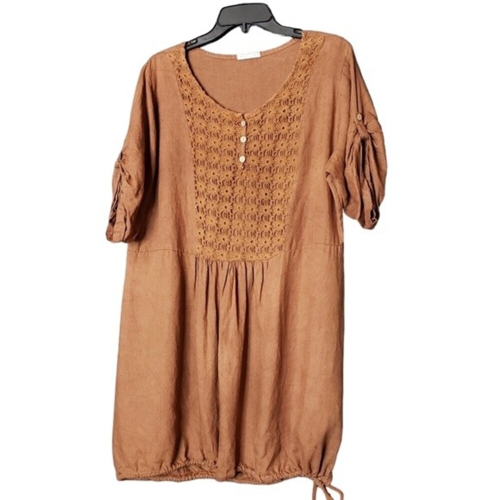 Made in Italy Rust Linen Crochet Roll Sleeve Balloon Babydoll Dress Size M/L